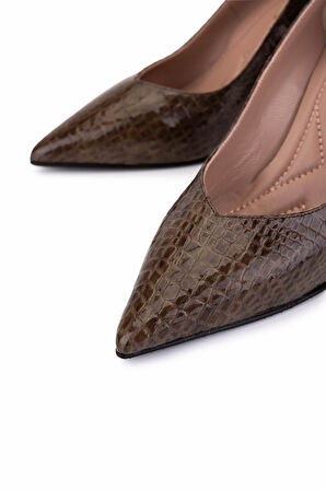 Tamer Tanca Kadın Hakiki Deri Kahverengi Kroko Topuklu Ayakkabı 1129 696 BN AYK SK25-26 KAHVE KROKO