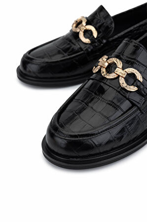 Tamer Tanca Kadın Hakiki Deri Siyah Kroko Loafer Ayakkabı 294 10832 BN AYK SK25-26 SIYAH KROKO