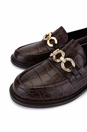 Tamer Tanca Kadın Hakiki Deri Kahverengi Kroko Loafer Ayakkabı 294 10832 BN AYK SK25-26 KAHVE KROKO