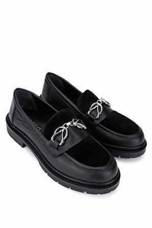 Tamer Tanca Kadın Deri & Tekstil Siyah Loafer Ayakkabı 817 9876 BN AYK SK25-26 SYH DR/TAY PRLK DR