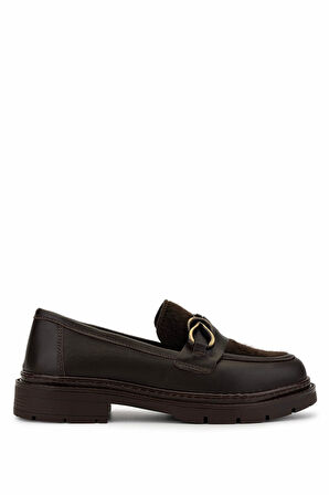 Tamer Tanca Kadın Deri & Tekstil Kahverengi Loafer Ayakkabı 817 9876 BN AYK SK25-26 KHV DR/TAY PRLK DR