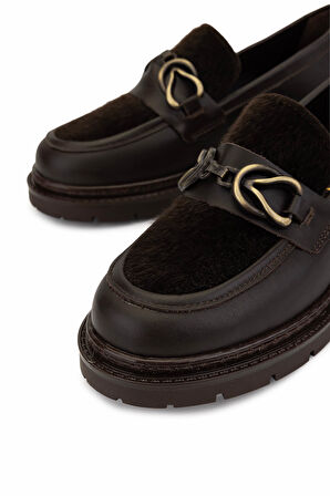 Tamer Tanca Kadın Deri & Tekstil Kahverengi Loafer Ayakkabı 817 9876 BN AYK SK25-26 KHV DR/TAY PRLK DR