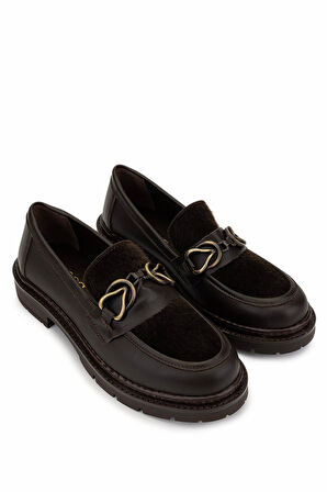 Tamer Tanca Kadın Deri & Tekstil Kahverengi Loafer Ayakkabı 817 9876 BN AYK SK25-26 KHV DR/TAY PRLK DR