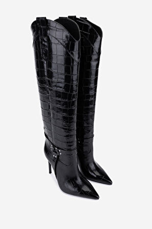Valmenti Kadın Hakiki Deri Siyah Kroko Topuklu Çizme 1096 9297 BN CZM SK25-26 SIYAH KROKO