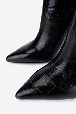 Valmenti Kadın Hakiki Deri Siyah Kroko Topuklu Çizme 1096 9297 BN CZM SK25-26 SIYAH KROKO