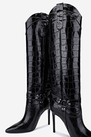 Valmenti Kadın Hakiki Deri Siyah Kroko Topuklu Çizme 1096 9297 BN CZM SK25-26 SIYAH KROKO