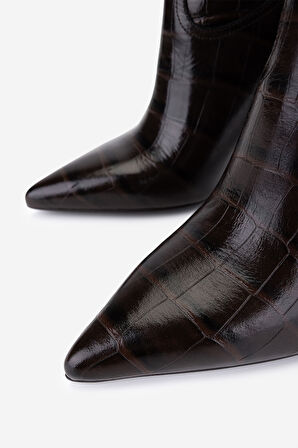 Valmenti Kadın Hakiki Deri Kahverengi Kroko Topuklu Çizme 1096 9297 BN CZM SK25-26 KAHVE KROKO