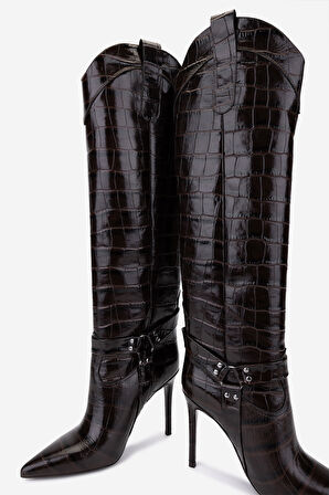 Valmenti Kadın Hakiki Deri Kahverengi Kroko Topuklu Çizme 1096 9297 BN CZM SK25-26 KAHVE KROKO