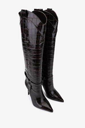 Valmenti Kadın Hakiki Deri Kahverengi Kroko Topuklu Çizme 1096 9297 BN CZM SK25-26 KAHVE KROKO