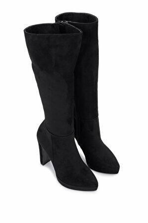 Tamer Tanca Kadın Suni Deri Siyah Süet Topuklu Çizme 1065 606 BN CZM SK25-26 SIYAH SUET
