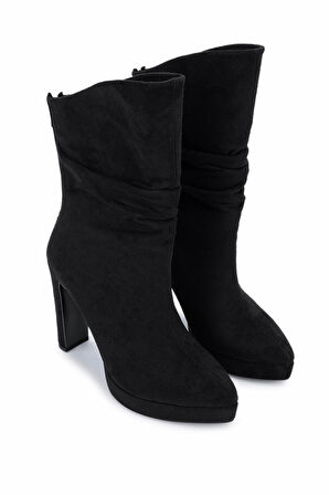 Tamer Tanca Kadın Suni Deri Siyah Süet Topuklu Bot 1065 605 BN BOT SK25-26 SIYAH SUET