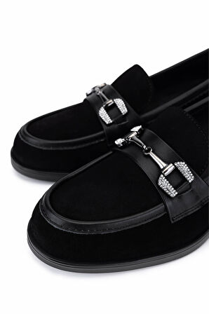 Tamer Tanca Kadın Hakiki Deri Siyah Süet Makosen Ayakkabı 488 1385 BN AYK SK25-26 SYH SUET/DR