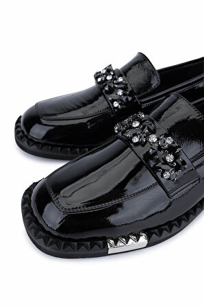 Tamer Tanca Kadın Hakiki Deri Siyah Rugan Loafer Ayakkabı 566 3297 BN AYK SK25-26 SIYAH KRSK RGN