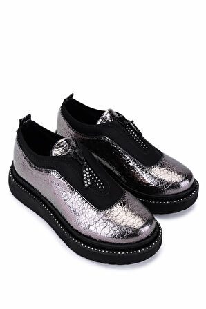 Tamer Tanca Kadın Suni Deri/Tekstil Metalik Casual Ayakkabı 1172 666 BN AYK SK25-26 ANTRASIT BSK