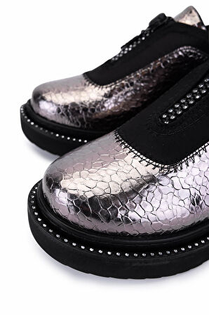 Tamer Tanca Kadın Suni Deri/Tekstil Metalik Casual Ayakkabı 1172 666 BN AYK SK25-26 ANTRASIT BSK