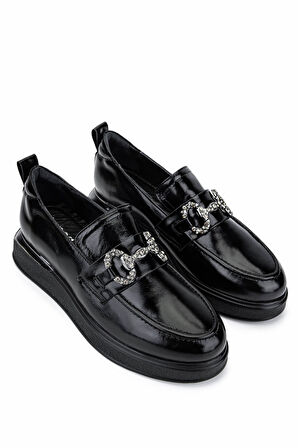 Tamer Tanca Kadın Hakiki Deri Siyah Rugan Loafer Ayakkabı 322 2451401 BN AYK SK25-26 SIYAH KRSK RGN