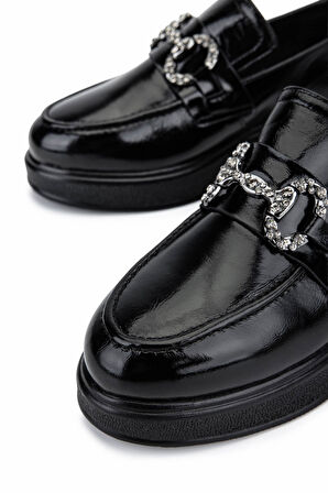 Tamer Tanca Kadın Hakiki Deri Siyah Rugan Loafer Ayakkabı 322 2451401 BN AYK SK25-26 SIYAH KRSK RGN