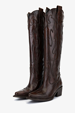 Valmenti Kadın Hakiki Deri Kahverengi Western Çizme 35 9404 BN CZM SK25-26 KAHVE ATLAS