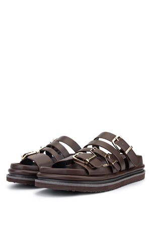 Janet&Janet Kadın Suni Deri Kahverengi Düz Terlik 1215 J693 BN TRLK Y26 DARK BROWN