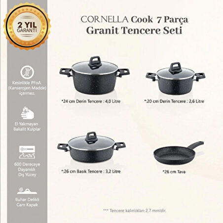 Cornella Cook 7 Parça Granit Tencere Seti Siyah