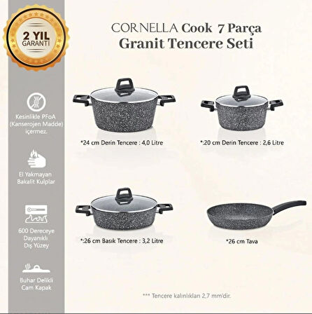 Cornella Cook 7 Parça Granit Tencere Seti Gri