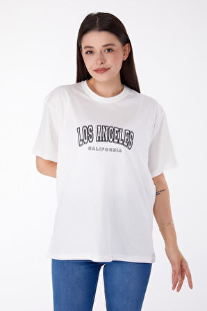 Düz Bisiklet Yaka Kadın Beyaz Baskılı T-shirt - 25704