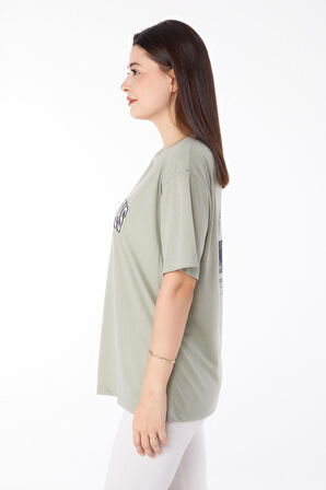 Düz Bisiklet Yaka Kadın Yeşil Baskılı T-shirt - 25704