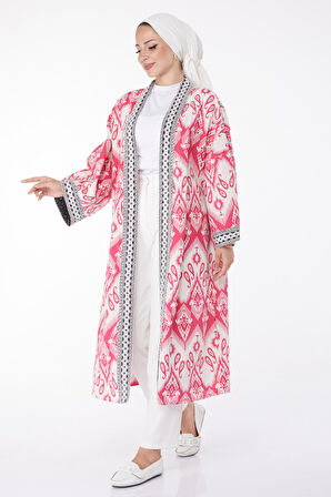 Düz Orta Kadın Fuşya Desenli Kimono - 13231