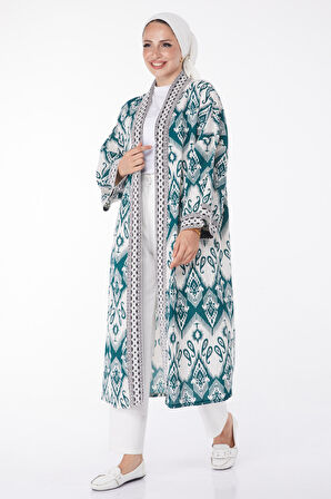 Düz Orta Kadın Yeşil Desenli Kimono - 13231