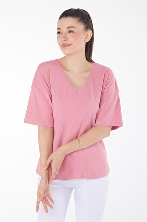 Düz Orta Kadın Pembe T-Shirt - 25848