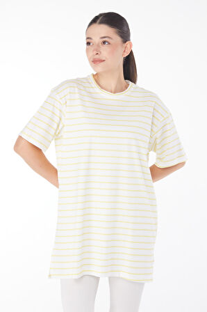 Düz Bisiklet Yaka Kadın Sarı Çizgili Kısa Kollu T-shirt - 25765