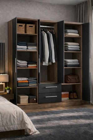 Karbon No.3 Dört Kapaklı İki Çekmeceli 10Raflı Gardırop Çam-Antrasit