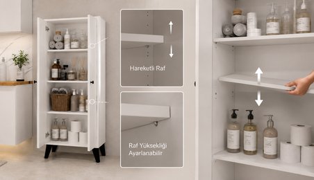 Meltem No.2 Çok Amaçlı Banyo Dolabı Ayarlanabilir Raflı Kapaklı Havlu ve Temizlik Dolabı