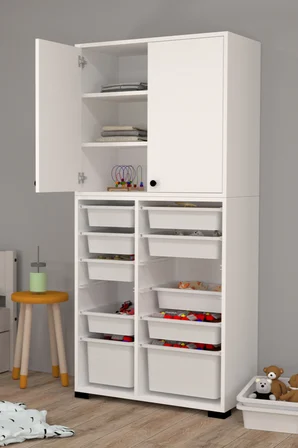 Rüya No.5 Modern Kullanışlı Beyaz Çift Katlı Kapaklı Sepetli Oyuncak Dolabı