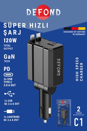 Defond C1 120W GaN Hızlı Araç Şarj Cihazı - 80cm Makaralı Type-C & Lightning Kablolu 4 in 1 Çakmaklık Şarjı