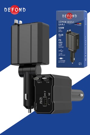 Defond C1 120W GaN Hızlı Araç Şarj Cihazı - 80cm Makaralı Type-C & Lightning Kablolu 4 in 1 Çakmaklık Şarjı