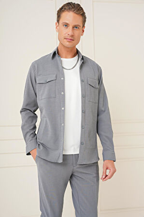 G 1565 Comfort Fit Yan Cep Çıtçıtlı Esnek Pamuk Gri Gömlek Ceket