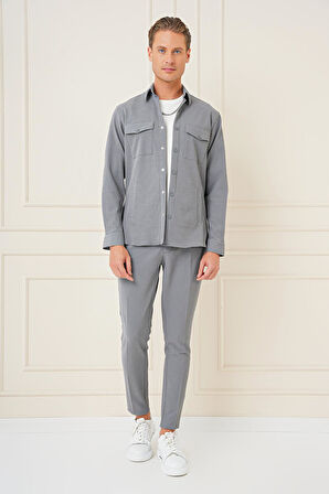 G 1565 Comfort Fit Yan Cep Çıtçıtlı Esnek Pamuk Gri Gömlek Ceket