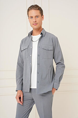 G 1565 Comfort Fit Yan Cep Çıtçıtlı Esnek Pamuk Gri Gömlek Ceket
