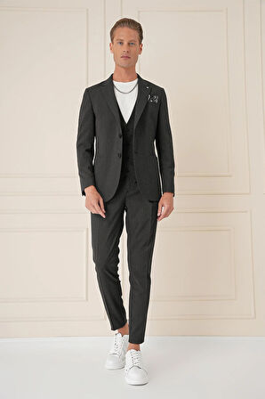 C 678 Comfort Fit Gofre Kumaş Pamuk Yelekli Casuel Siyah Ceket