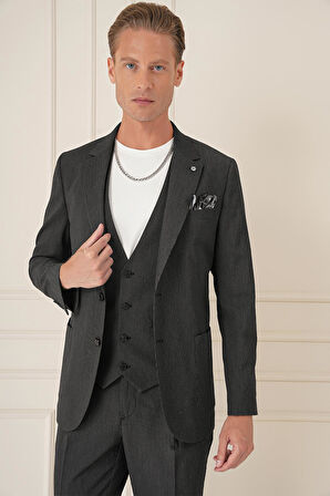 C 678 Comfort Fit Gofre Kumaş Pamuk Yelekli Casuel Siyah Ceket