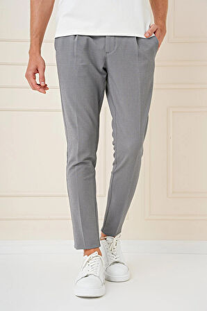 P 1148 Comfort Fit Gofre Kumaş Pileli Pamuk Casuel Gri Pantolon