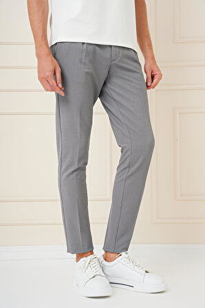 P 1148 Comfort Fit Gofre Kumaş Pileli Pamuk Casuel Gri Pantolon