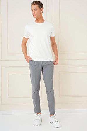 P 1148 Comfort Fit Gofre Kumaş Pileli Pamuk Casuel Gri Pantolon