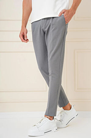 P 1148 Comfort Fit Gofre Kumaş Pileli Pamuk Casuel Gri Pantolon