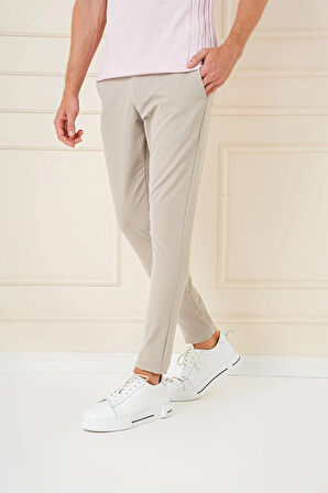 Slim Fit Yan Cepli Düz Esnek Casual Koyu Bej Pantolon P 1144