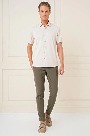 P 1144 Slim Fit Yan Cepli Düz Esnek Casuel Haki Pantolon