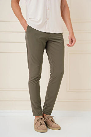 P 1144 Slim Fit Yan Cepli Düz Esnek Casuel Haki Pantolon