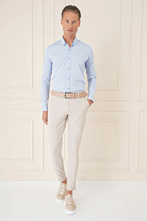 P 1144 Slim Fit Yan Cepli Düz Esnek Casuel Kum Pantolon