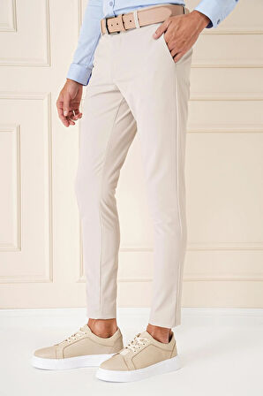 P 1144 Slim Fit Yan Cepli Düz Esnek Casuel Kum Pantolon